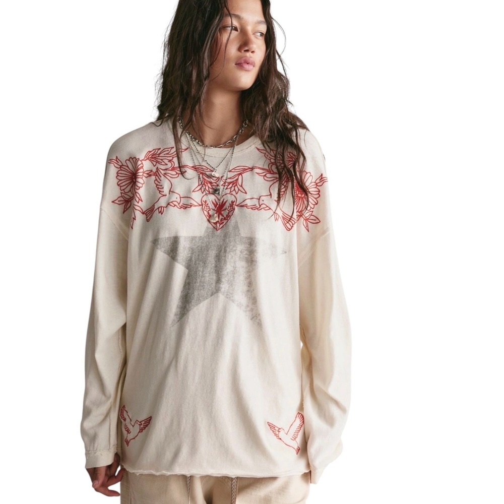 Free People We The Free Fly By Long Sleeve Tshirt Ivory Combo Star Embroidered M